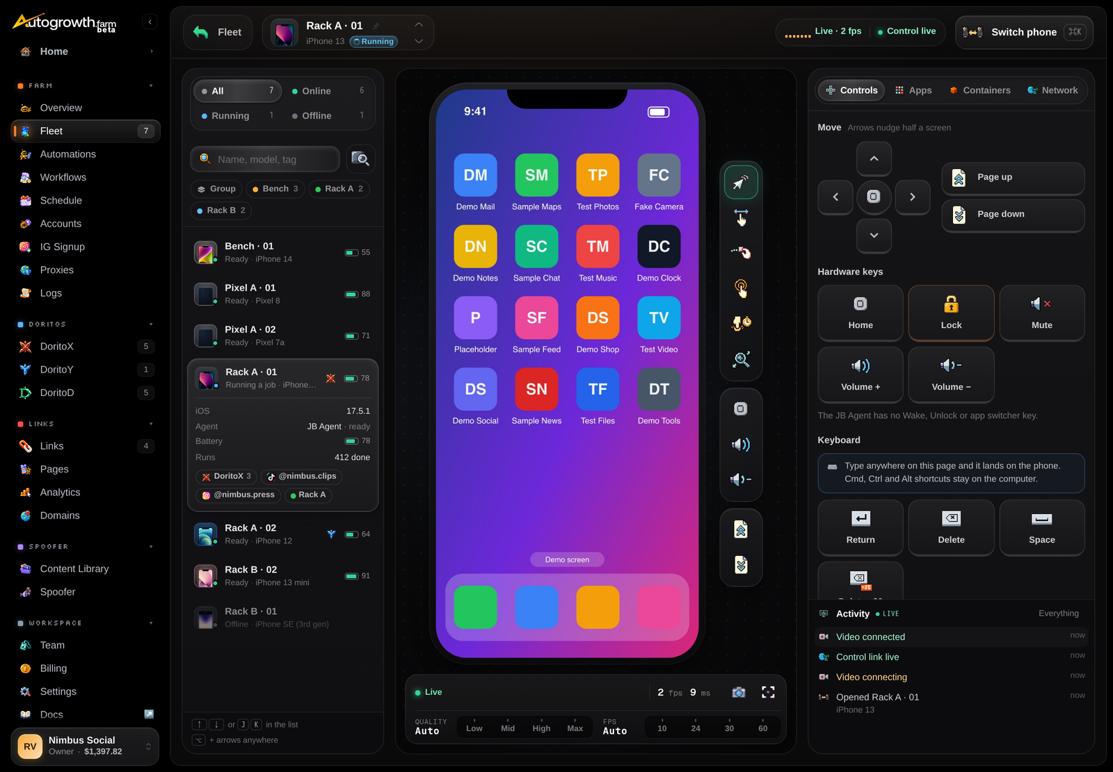 The remote control page for Rack A · 01: the Fleet back button, the phone switcher and Live and Control live chips at the top, the phone list on the left, the live phone screen in the centre with gesture tools beside it and the Quality and FPS bar under it, and on the right the Controls tab with Move arrows, Page up, Page down, the Home, Lock, Mute and volume keys, the Keyboard keys and an Activity feed.